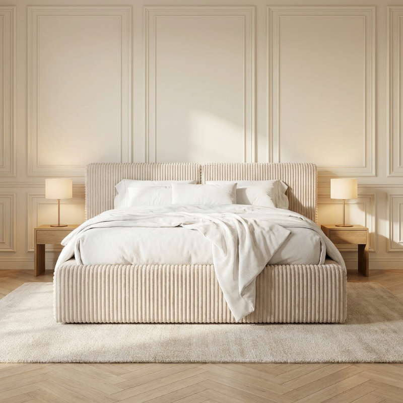 2-Persoons Boxspring Met Opbergruimte – Salerno – Teddy Rib – Beige 140×200 Cm – – Inclusief Topper – dekbeddenland.nl